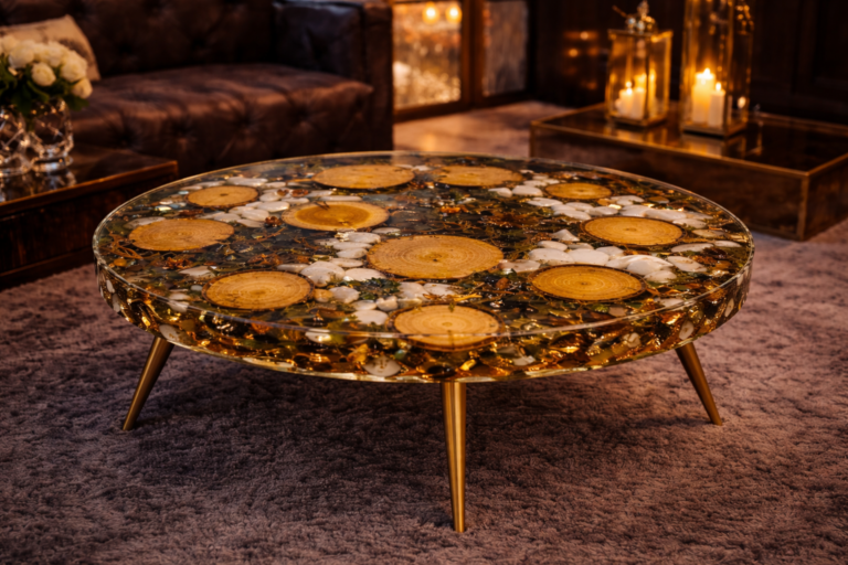 Coffee table with preserved moss, natural stones and clear epoxy resin