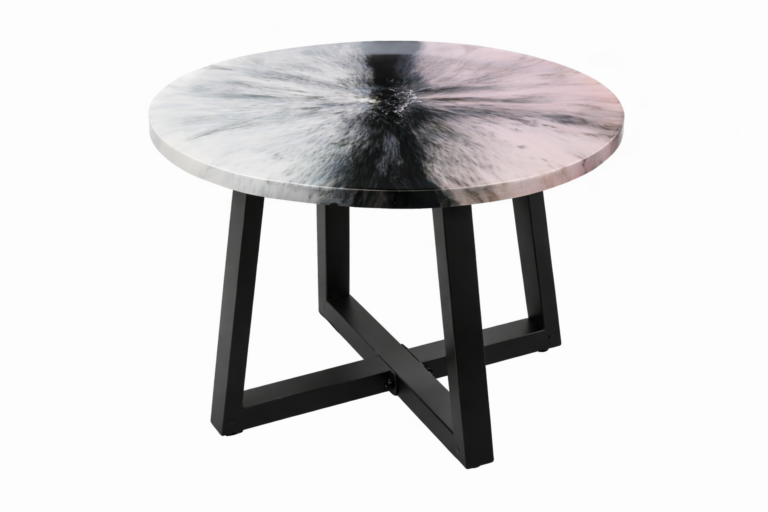 Close view of a durable polished epoxy resin and wood table surface