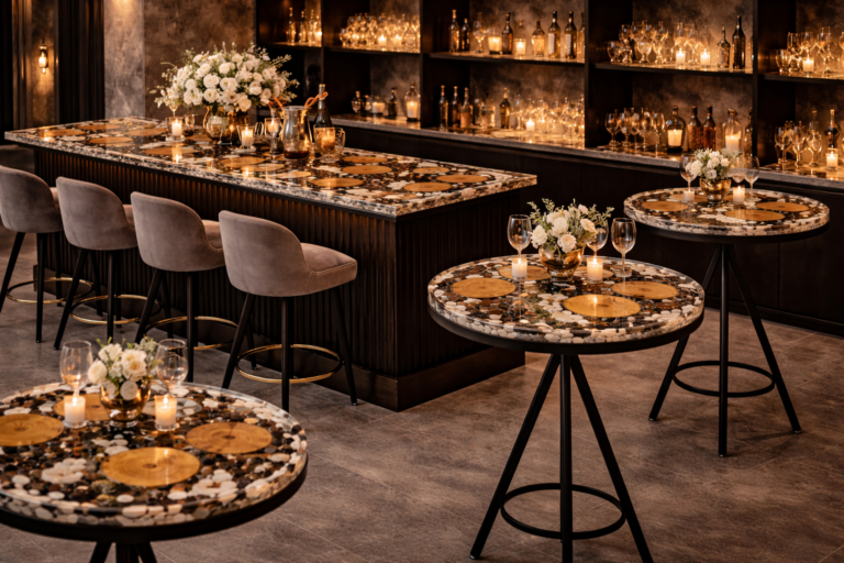 Bespoke luxury bar counter handcrafted from solid wood and epoxy resin