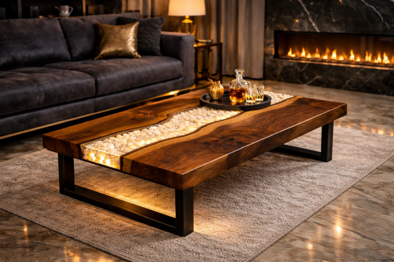 Live edge solid wood and epoxy resin river table with natural outer contour