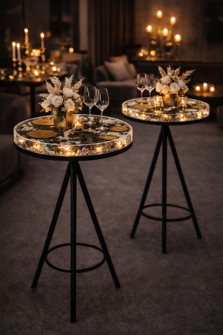 Custom wood and epoxy resin bar surface prepared for entertaining