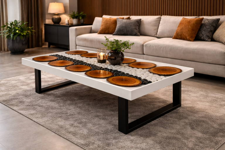 Polished wood and epoxy resin table surface after restoration