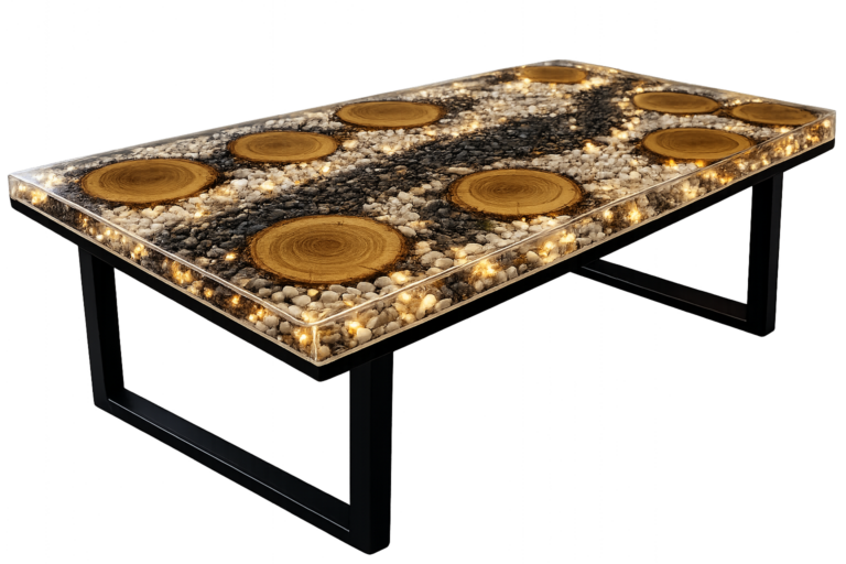 Dining table in wood, stone and resin with upholstered chairs