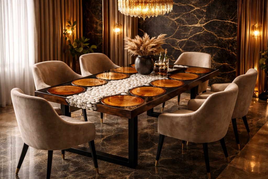 River Balance – Custom Wood, Stone & Epoxy River Table