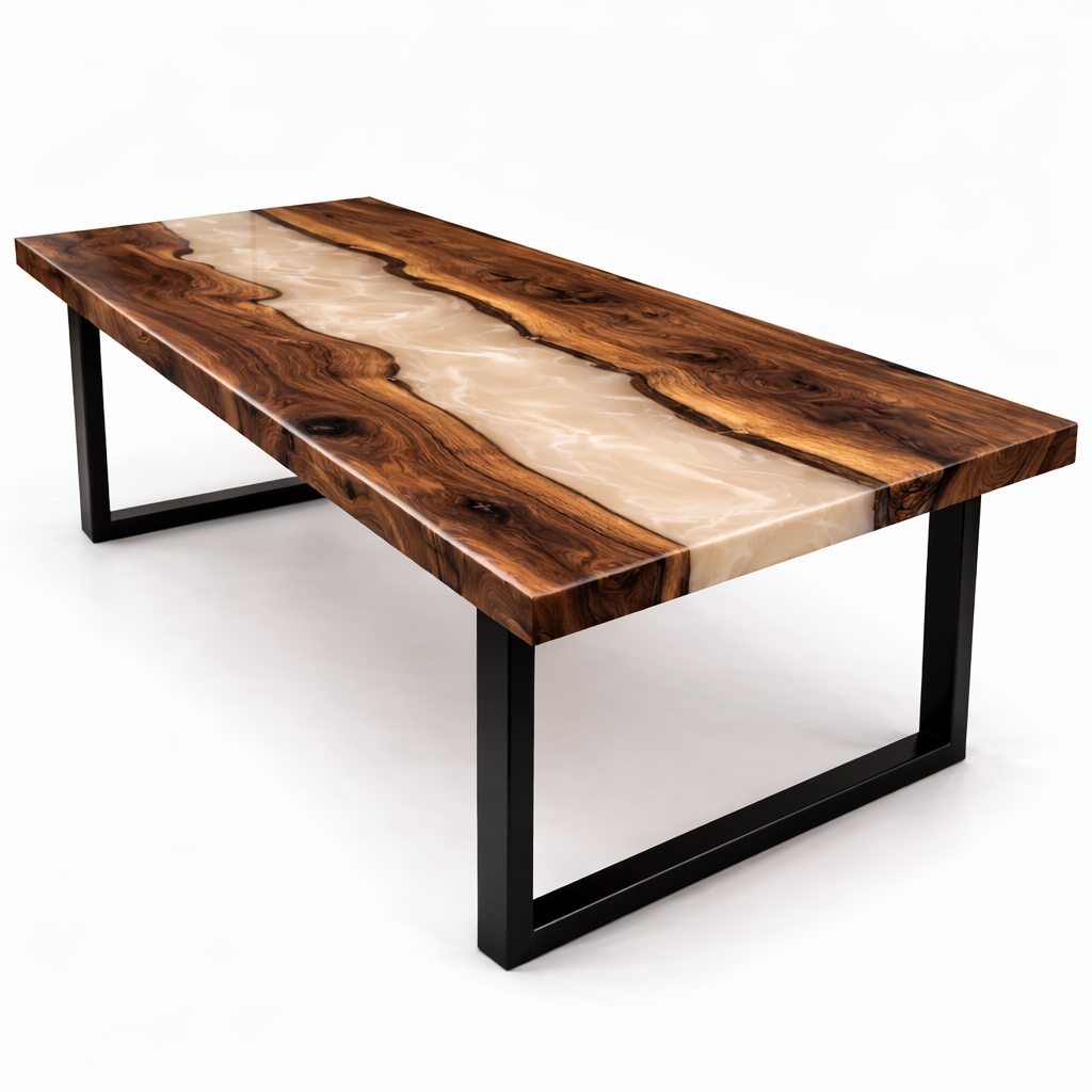 Solid wood slab and clear epoxy resin channel detail on a custom table