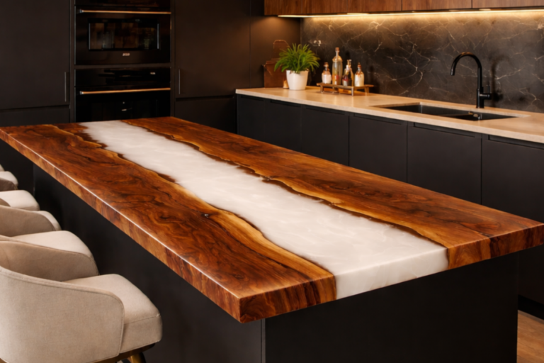 Large bespoke solid wood and epoxy resin surface made to order